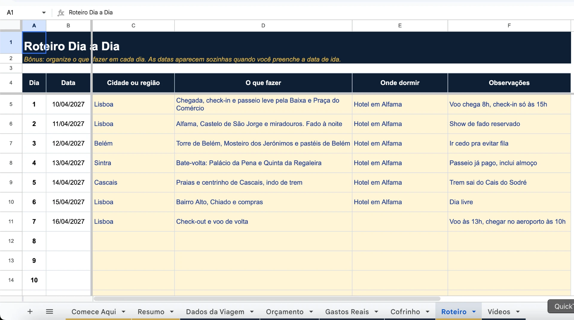 Aba de roteiro diário com atividades e datas